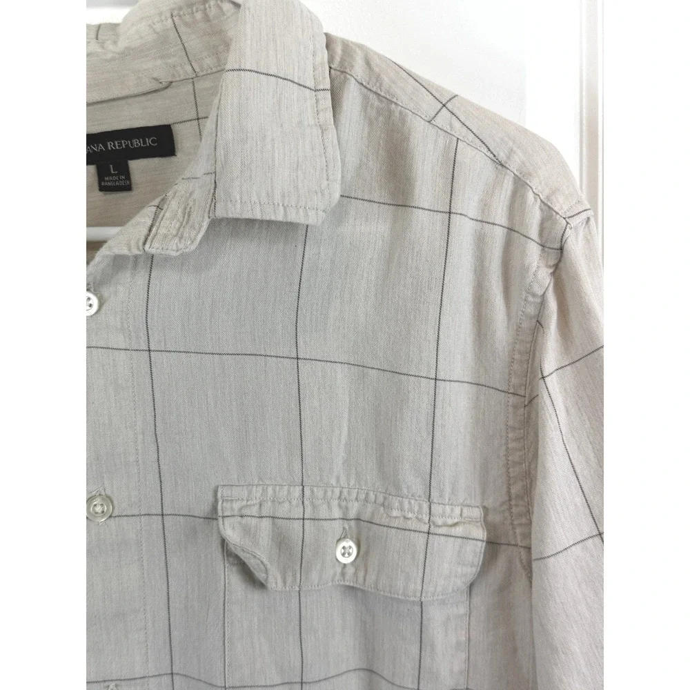 Banana Republic Men's Beige Windowpane Check Shirt‎ L Cotton Tencel Workwear